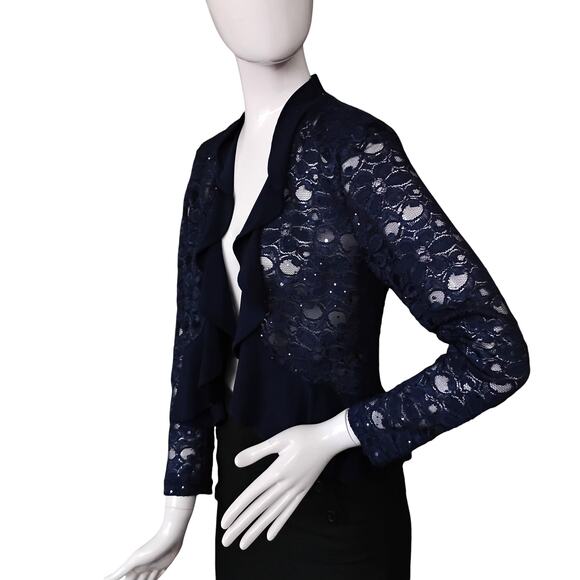 R&M Lace Sequins Open Cardigan Size Small Dark Blue Long Sleeve Ruffle - Picture 3 of 9